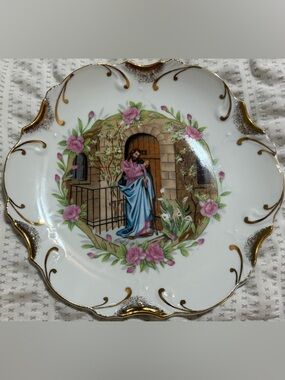 Porcelain Decorative Plate with Pink Floral Motif and Religious Scene